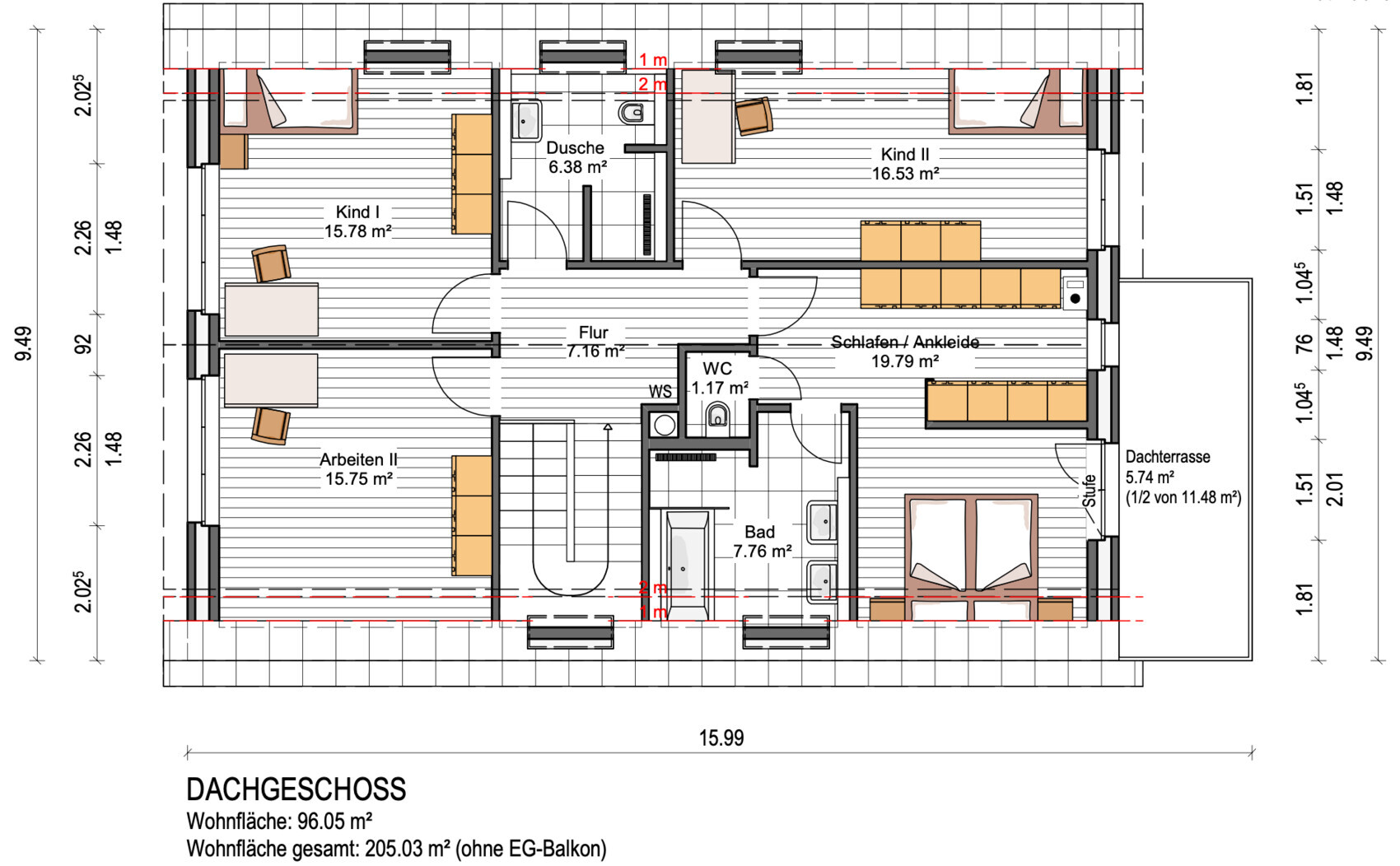 Grundriss Dachgeschoss mit Flur, Bad, WC, Schlafen/Ankleide, Kind I/II, Arbeiten II, Dachterrasse.