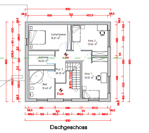 Grundriss des Dachgeschosses mit Schlafzimmer, zwei Kinderzimmern, Ankleide, Bad und Flur.