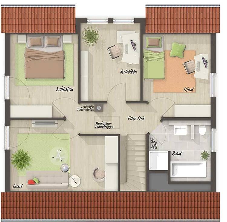 Grundriss eines Dachgeschosses mit Schlafzimmer, Arbeitszimmer, Kind, Gästezimmer, Flur und Bad.