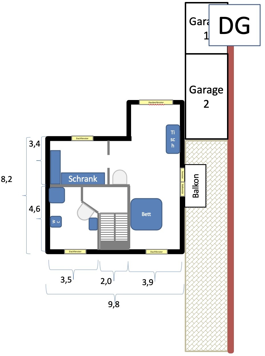 Grundriss eines DG-Dachgeschosses: Schlafzimmer mit Bett und Schrank, Balkon, Garage 1+2, Treppe.