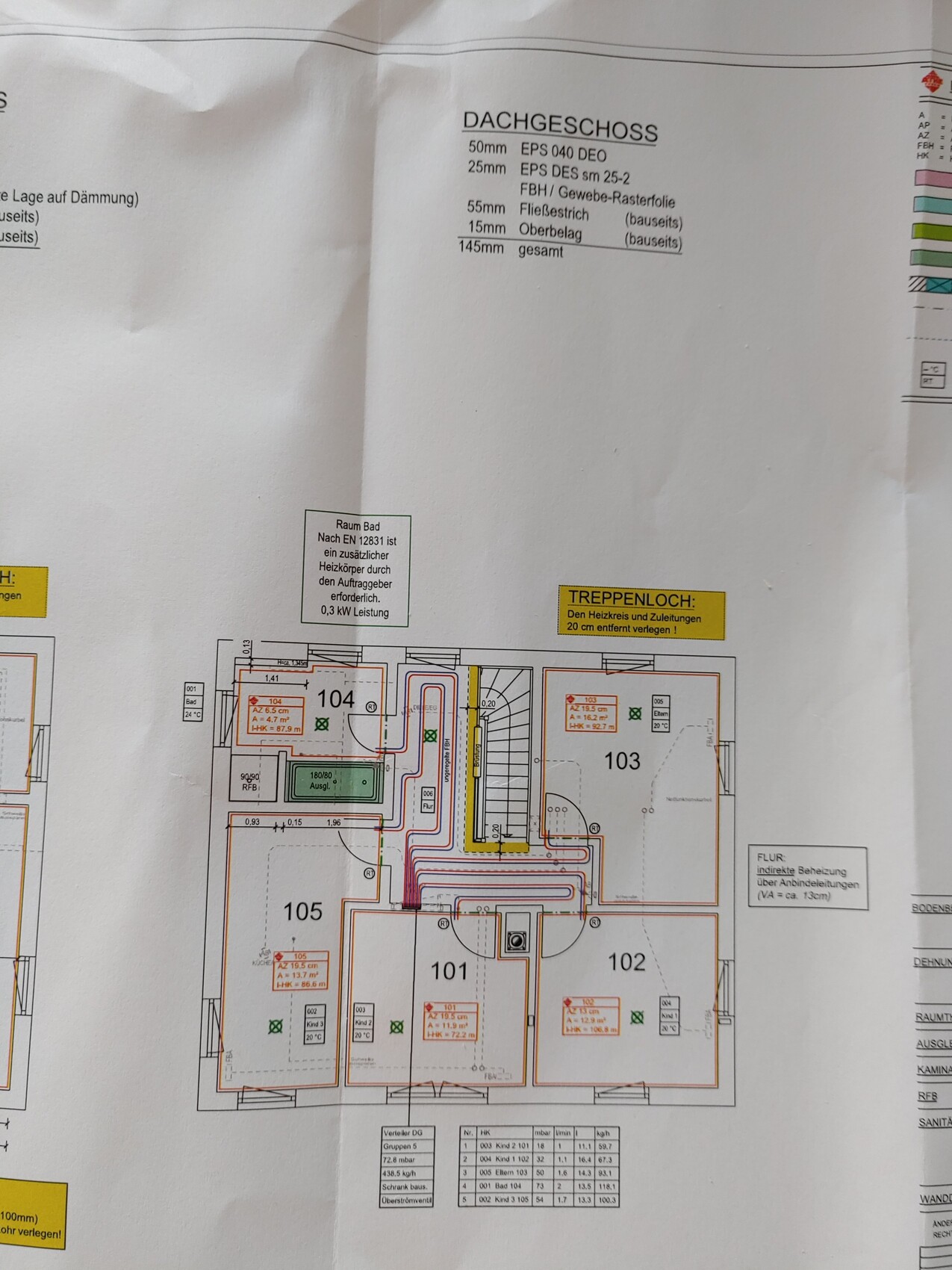 Grundriss Dachgeschoss mit Räumen 101–105, Treppenhaus und Heizungsleitungen.