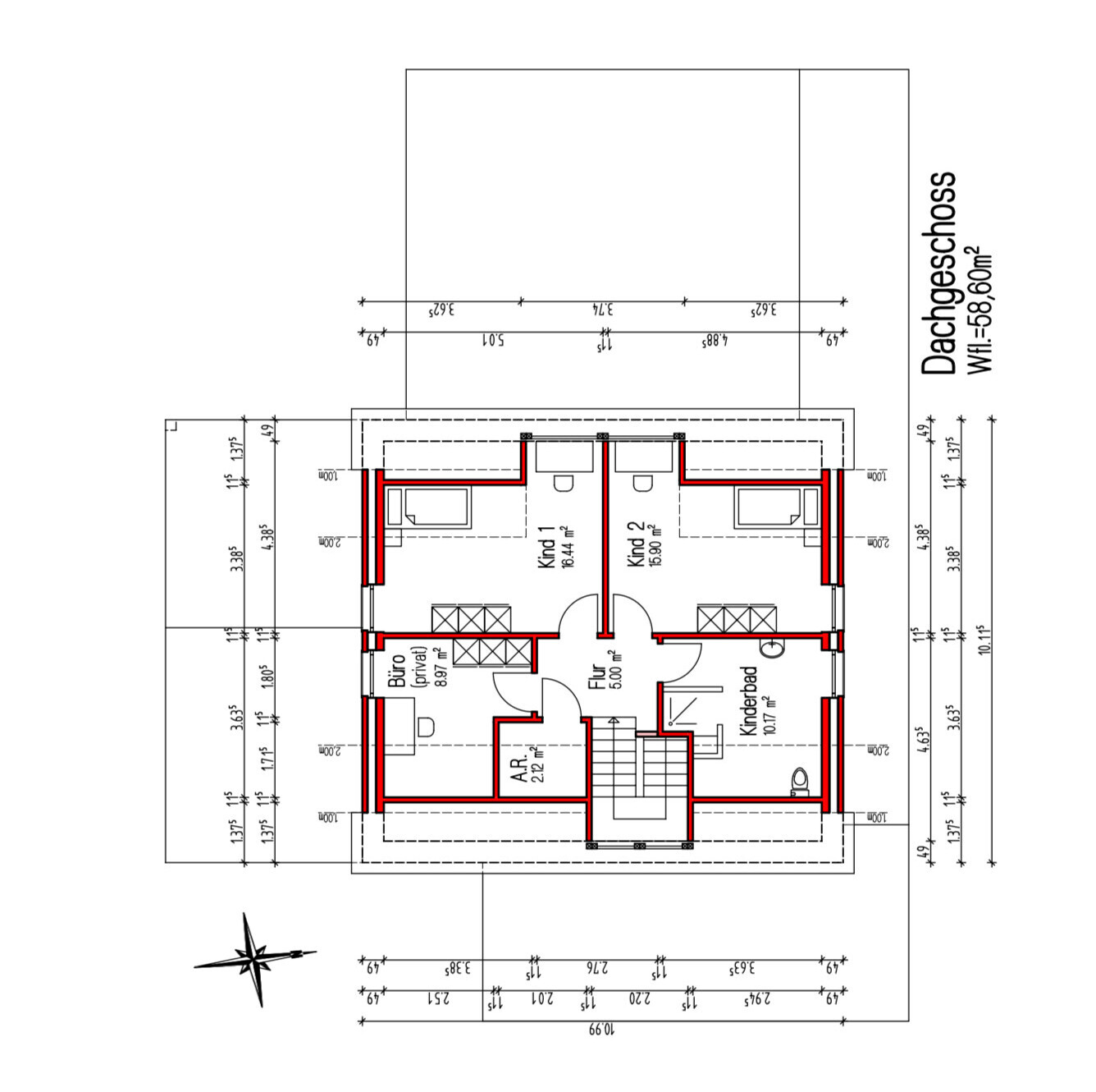 Dachgeschoss-Grundriss eines Hauses mit zwei Kinderzimmern, Flur, Bad, Büro und Treppenhaus.