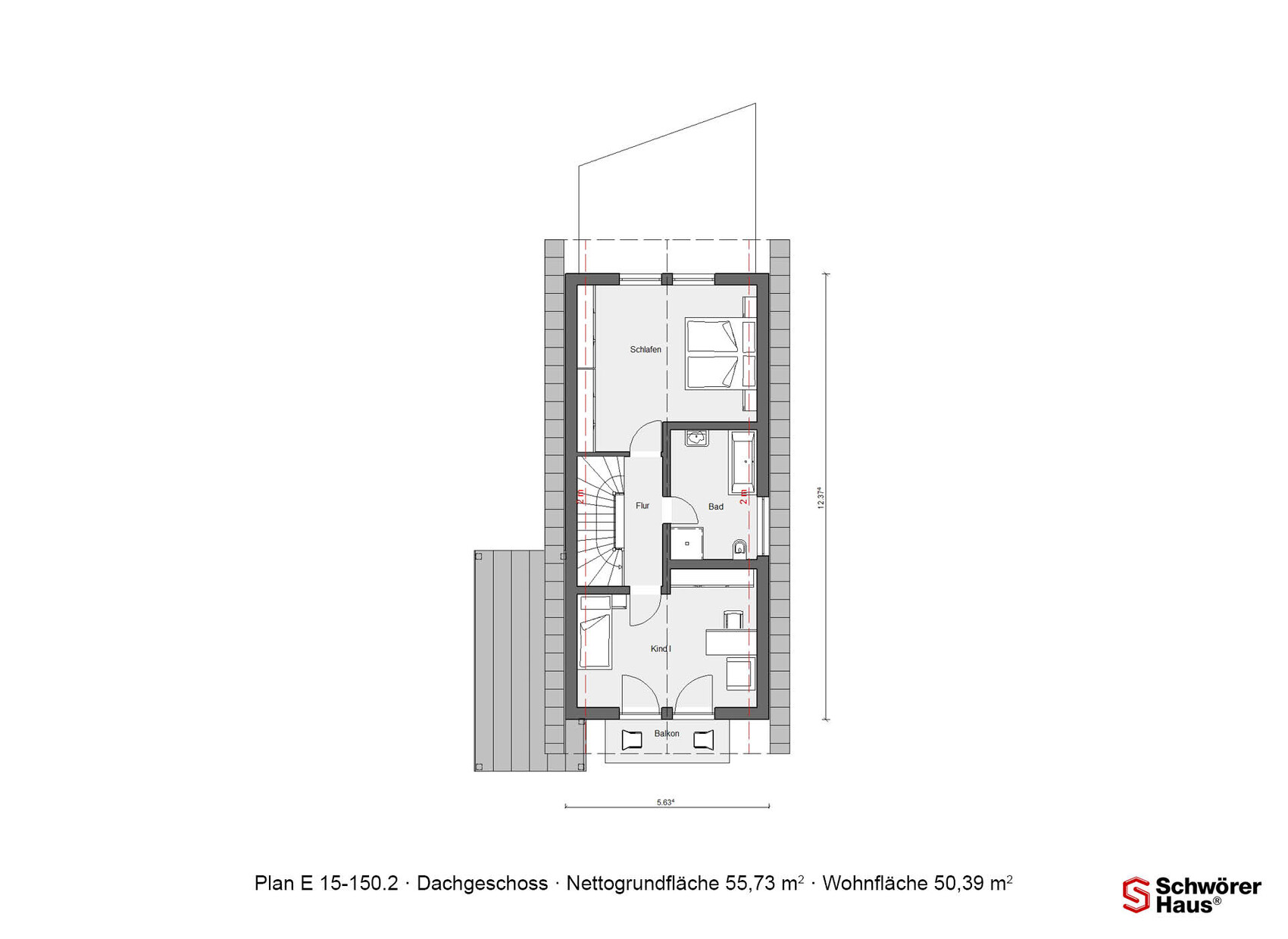 Dachgeschoss-Plan: Schlafen, Kind 1, Bad, Flur, Balkon, Treppe.