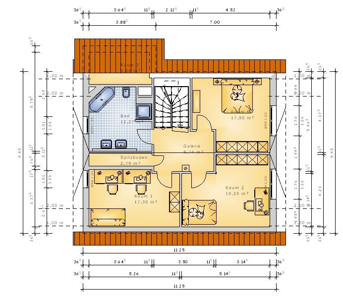 Grundriss eines Dachgeschosses mit Bad, Galerie, Treppenaufgang, zwei Zimmer (Raum 1, Raum 2) und Spitzboden.