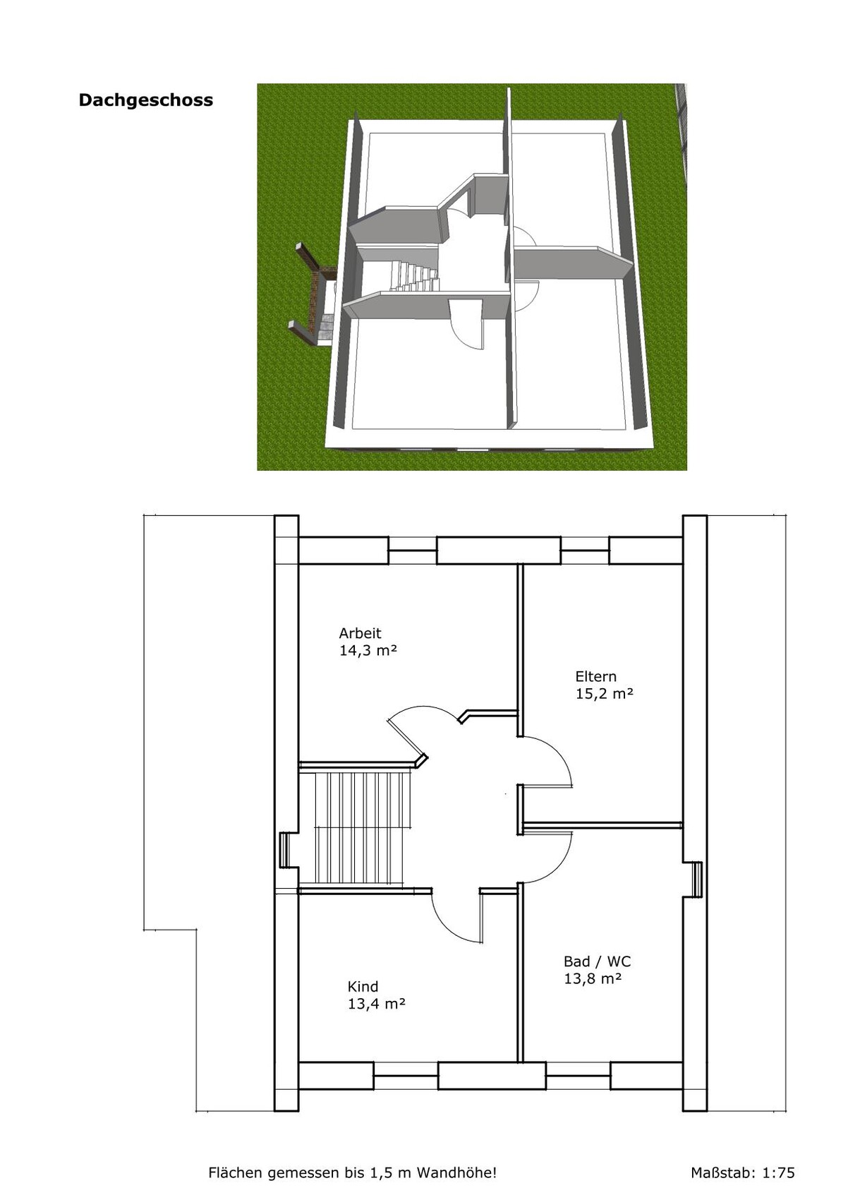 Dachgeschoss: 3D-Modell und 2D-Grundriss mit Arbeit, Eltern, Kind und Bad/WC.