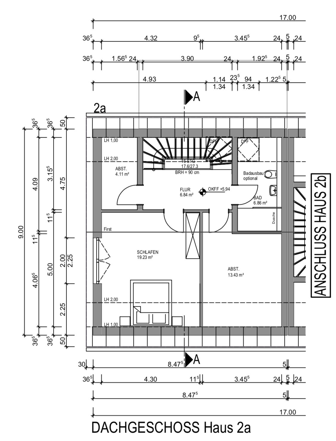 Dachgeschoss Grundriss (Haus 2a): Schlafzimmer, Flur, Abstellraum, Bad, Dusche, Treppenbereich.