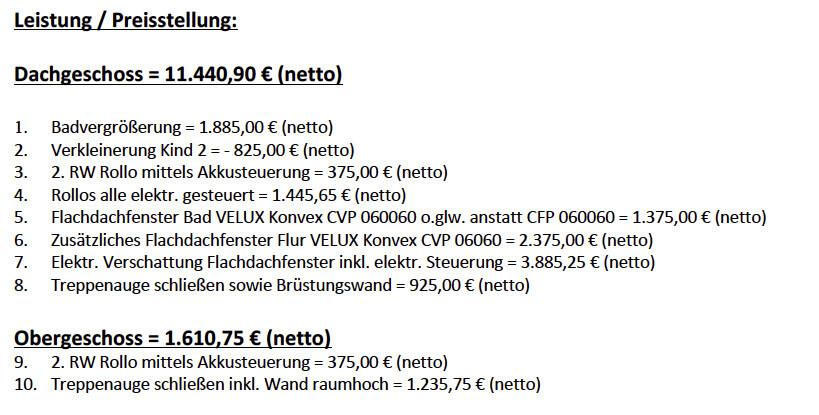 Preisübersicht: Dachgeschoss- und Obergeschoss-Positionen mit Netto-Preisen.