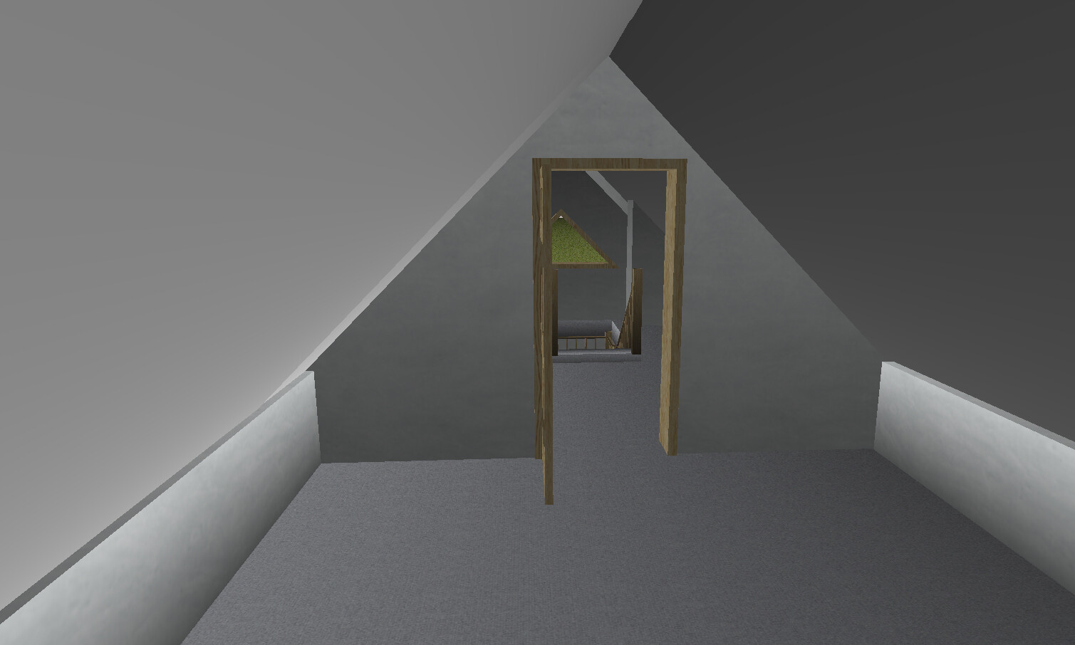 Dachgeschossraum mit Holztürrahmen, grauen Wänden, Teppichboden und Blick auf Treppenabsatz.