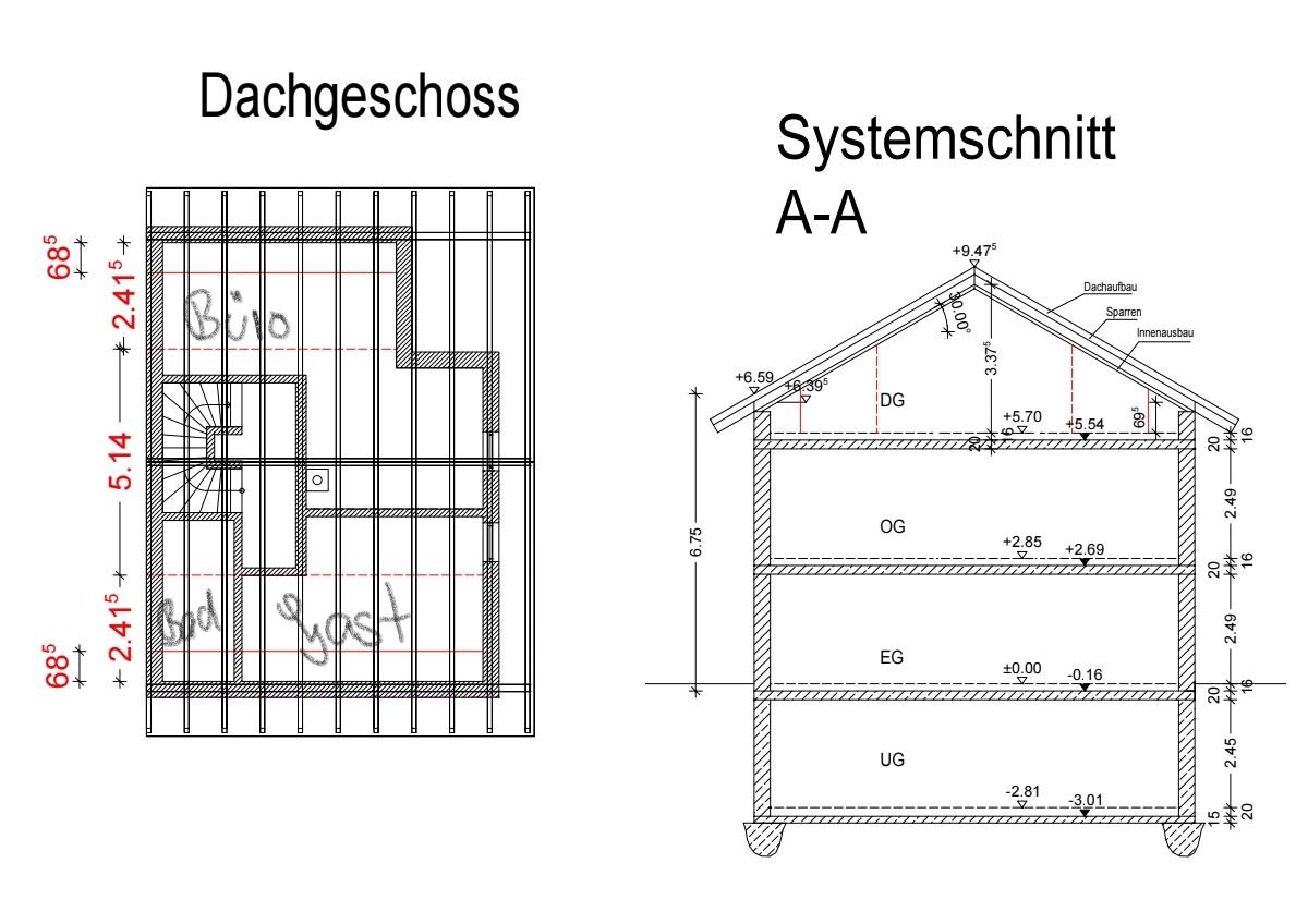Dachgeschoss-Grundriss links und Systemschnitt A-A rechts eines Hauses.