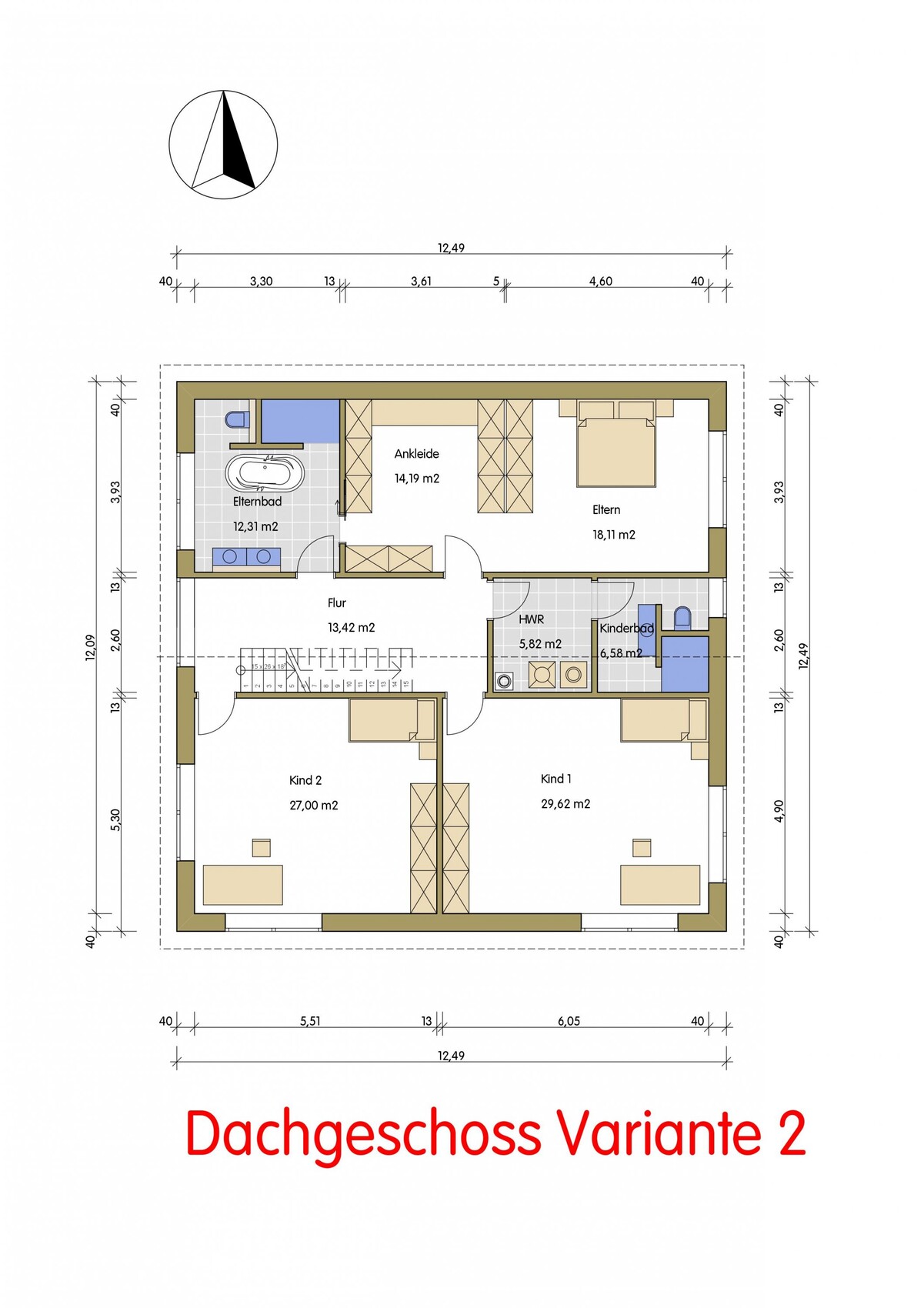 Grundriss Dachgeschoss Variante 2: Elternzimmer mit Ankleide, Elternbad, Flur, HWR, zwei Kinderzimmer