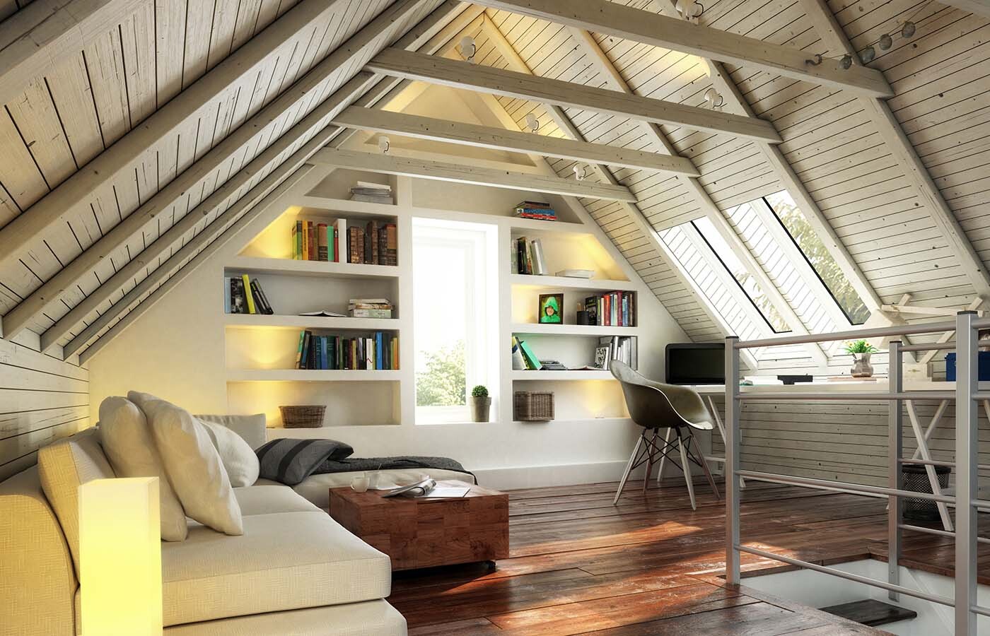 Heller Dachboden-Wohnbereich mit Bücherregalen, Sofa, Schreibtisch und Dachfenstern