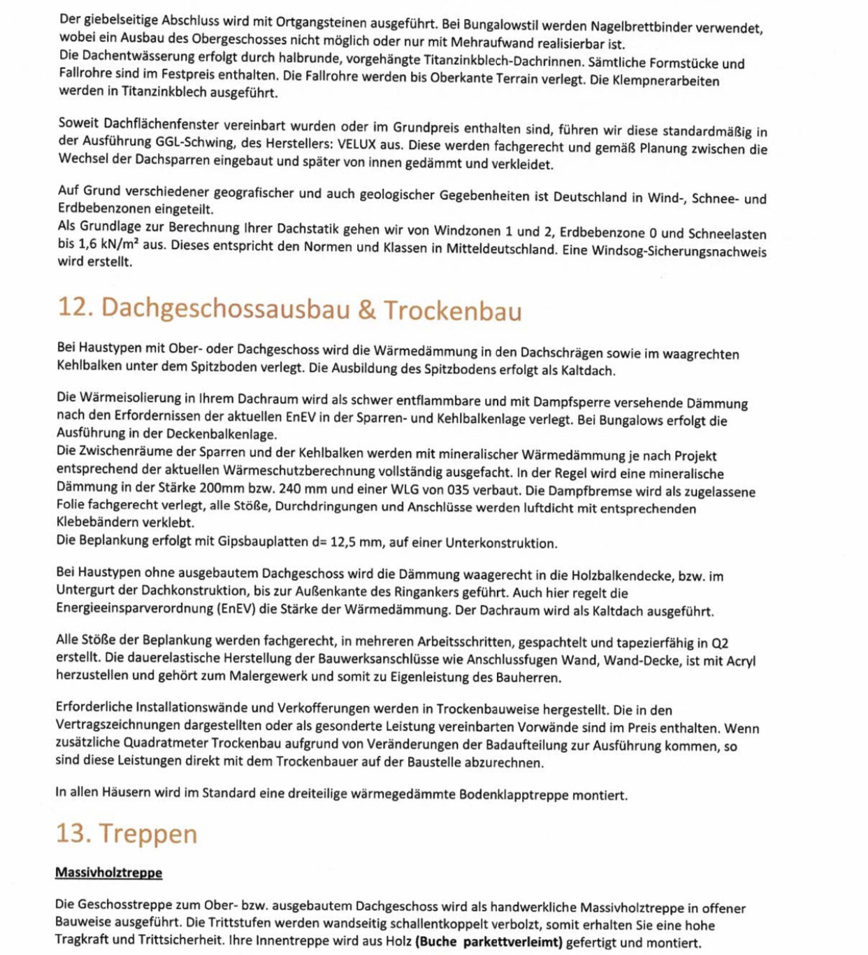 Seite eines Dokuments mit Kapitel 12: Dachgeschossausbau & Trockenbau und Kapitel 13: Treppen.