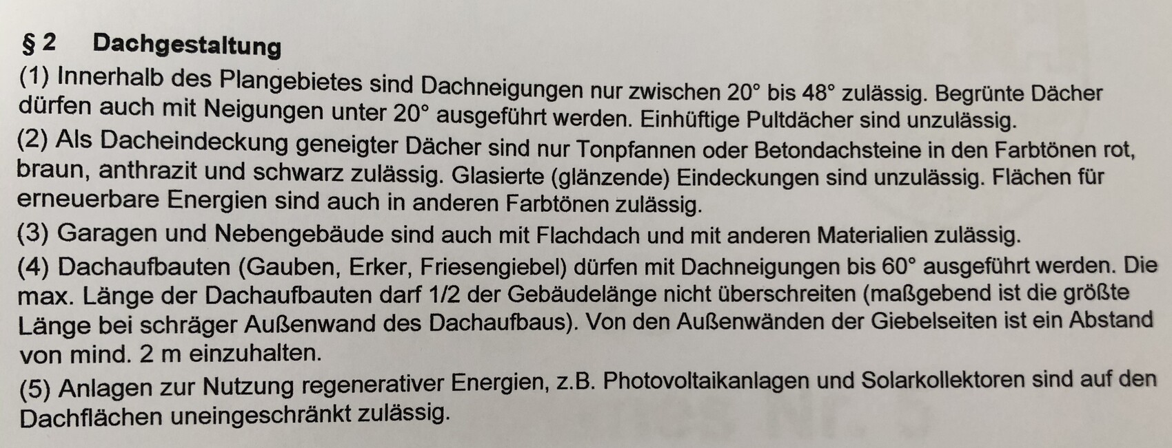 Dokumentenseite mit Titel Dachgestaltung und Regeln zu Dachneigungen, Materialien und Abstand.