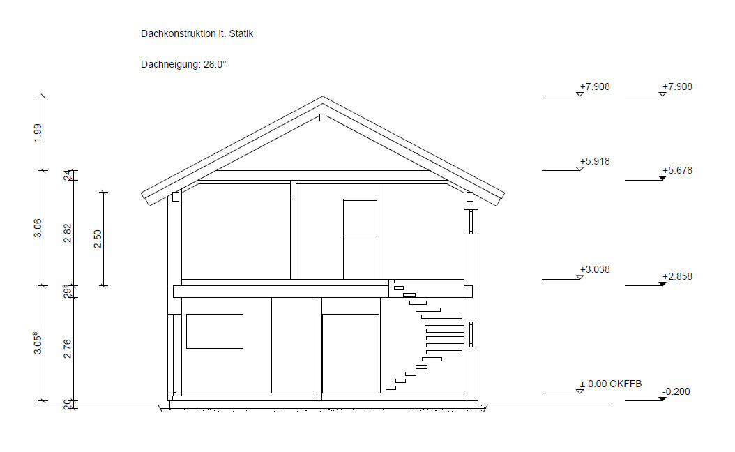 Querschnitt eines zweigeschossigen Hauses mit Dach, Treppe, Türen und Maßlinien