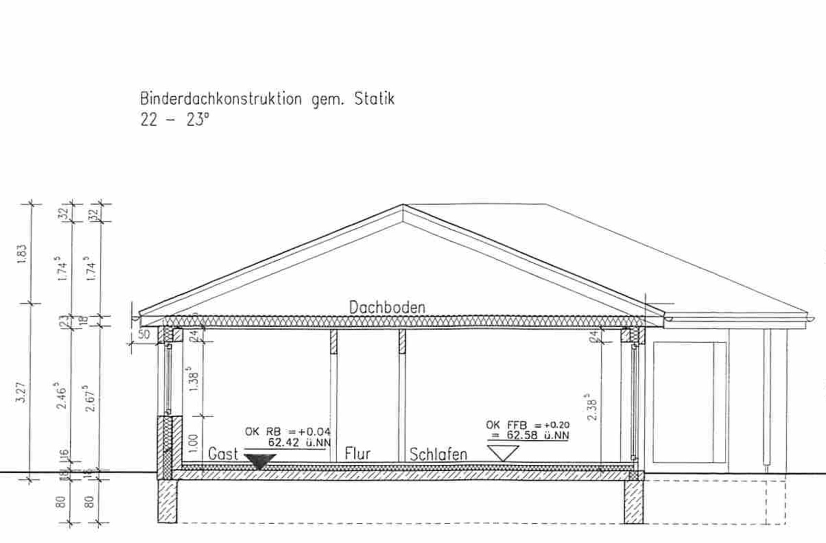 Dachkonstruktions-Schnitt: Dachboden, Gästezimmer, Flur, Schlafen, Maßangaben.