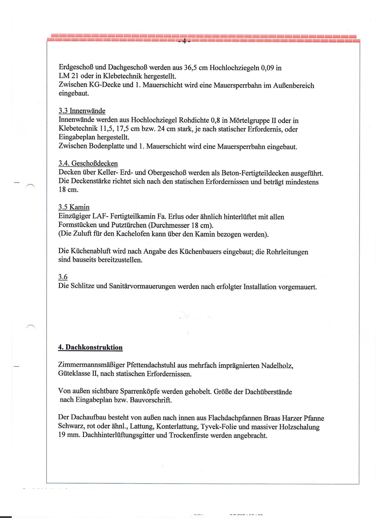 Dokumentenseite mit Text zur Dachkonstruktion, Dachaufbau und Materialien.