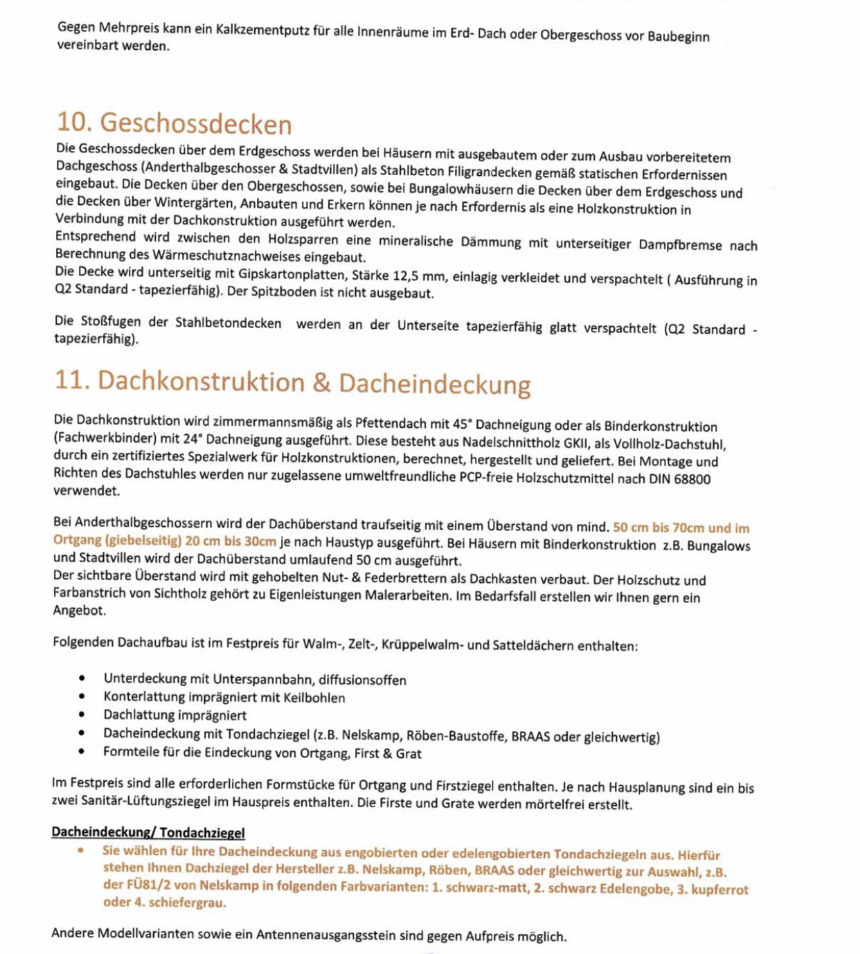 Dokumentenseite mit Überschriften: 10. Geschossdecken und 11. Dachkonstruktion & Dacheindeckung.