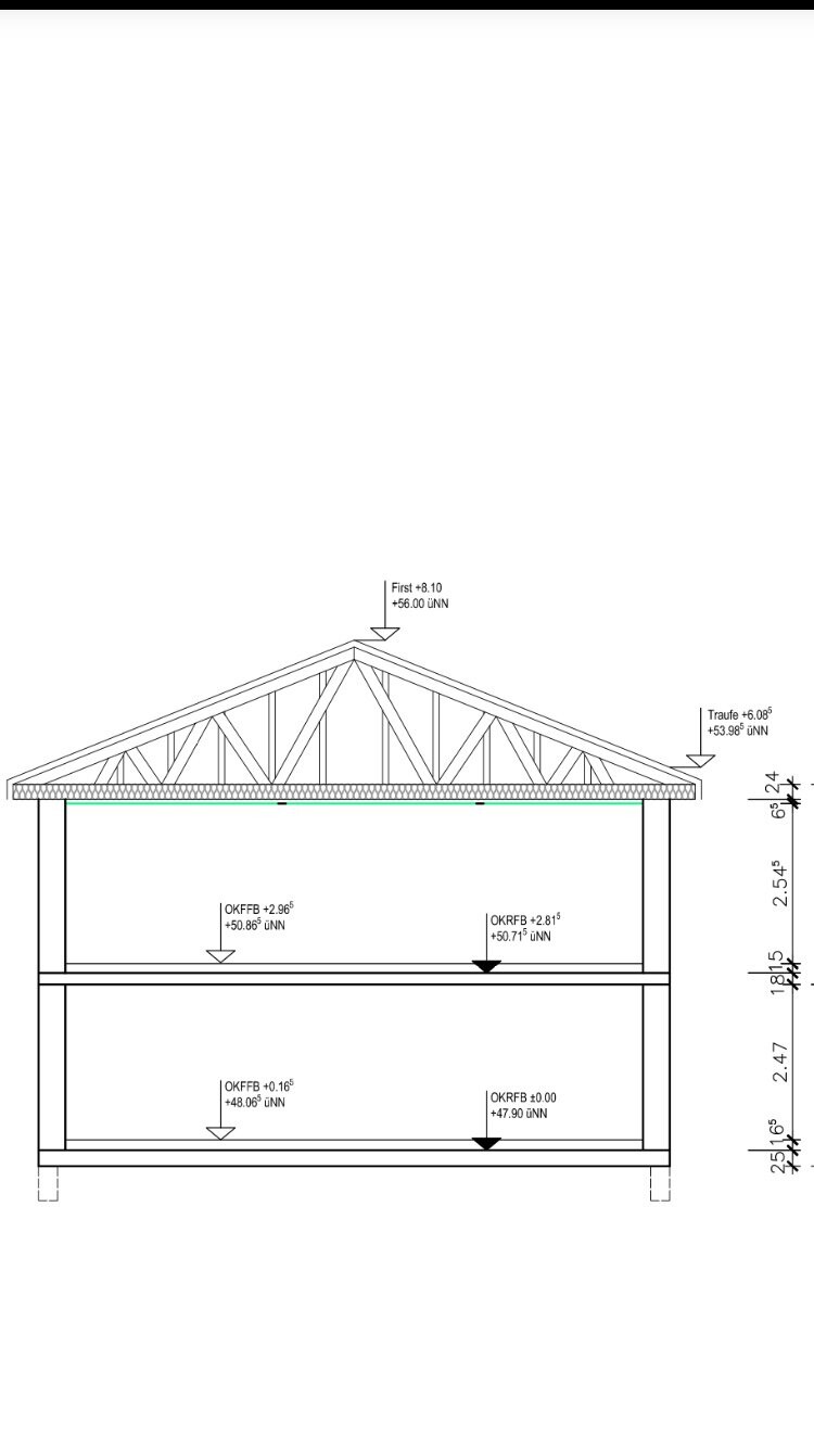 Querschnitt eines Hauses mit sichtbarer Dachkonstruktion und Dachstuhl