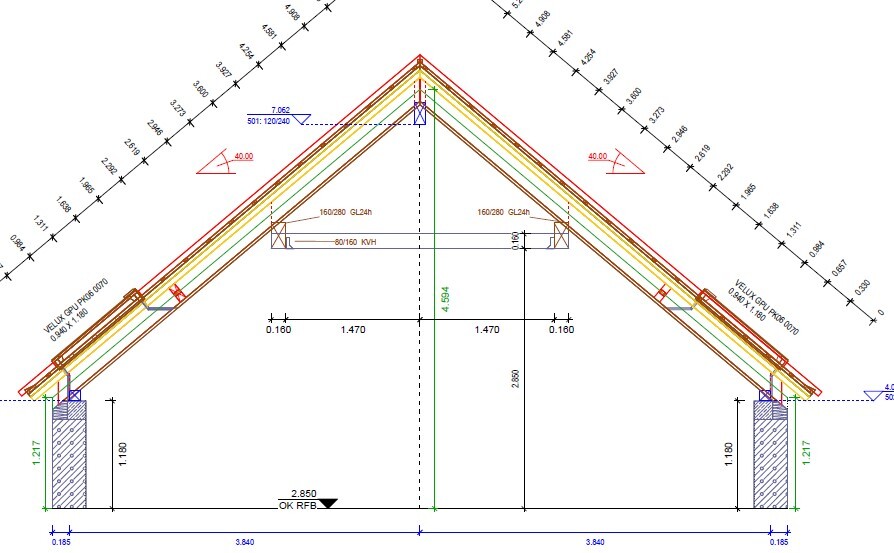 Schematische Dachkonstruktion: geneigtes Dach mit Sparren, Giebel und Maßen.