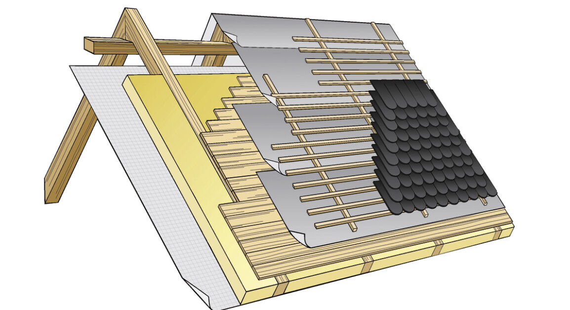 3D-Dachkonstruktion mit Dachstuhl, Unterlage und Dachziegeln