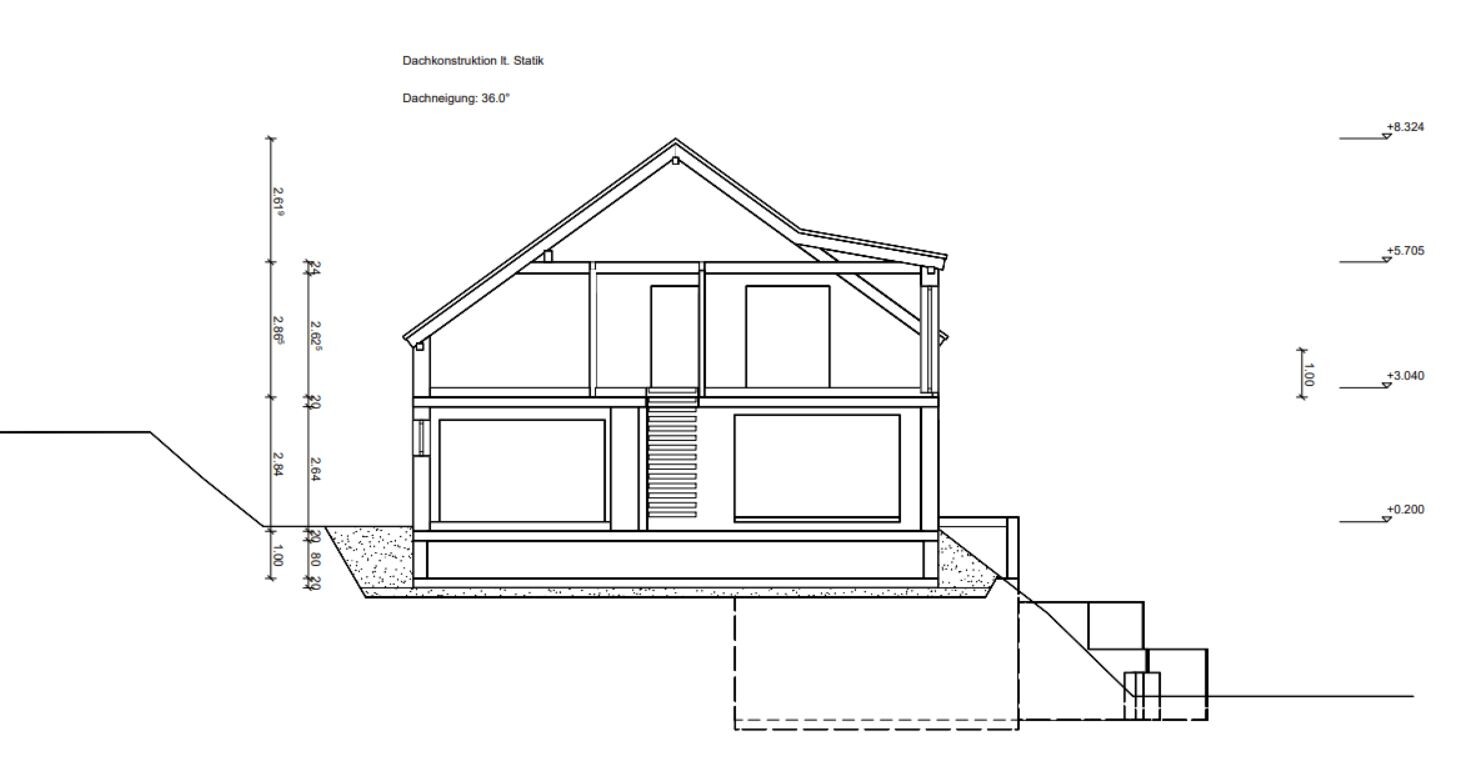 Schnittansicht eines zweigeschossigen Hauses mit Keller, Treppe und Dachkonstruktion.