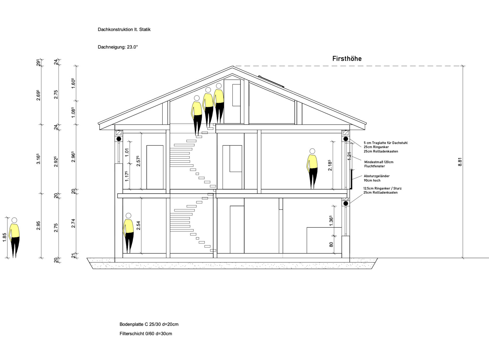 Schnittzeichnung eines Hauses mit Dachkonstruktion, Treppen und Maßlinien