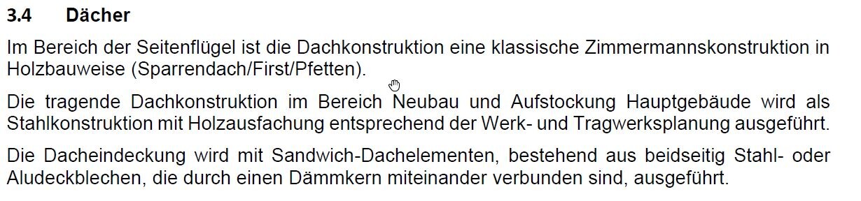 Abschnitt 3.4 Dächer: Holz-Dachkonstruktion mit Sparren/First/Pfetten und Sandwich-Dachelemente.