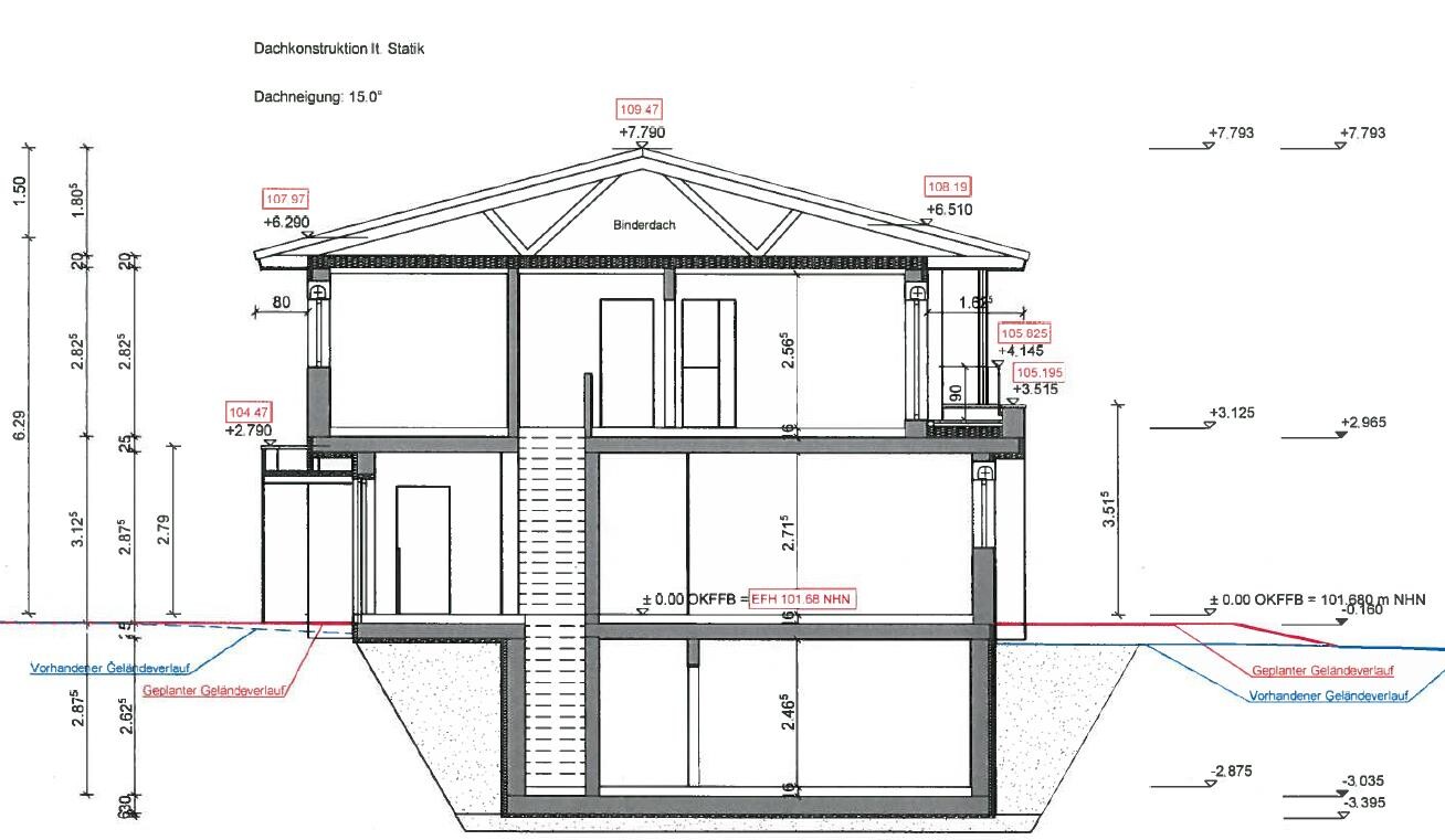 Schnitt durch ein zweigeschossiges Haus mit Dachkonstruktion, Treppe und Maßlinien