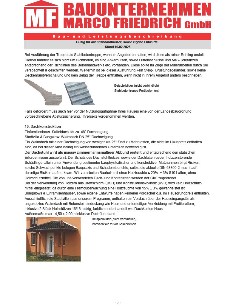 Beispielseite einer Bauunternehmens-Broschüre mit Dachkonstruktion und Treppen