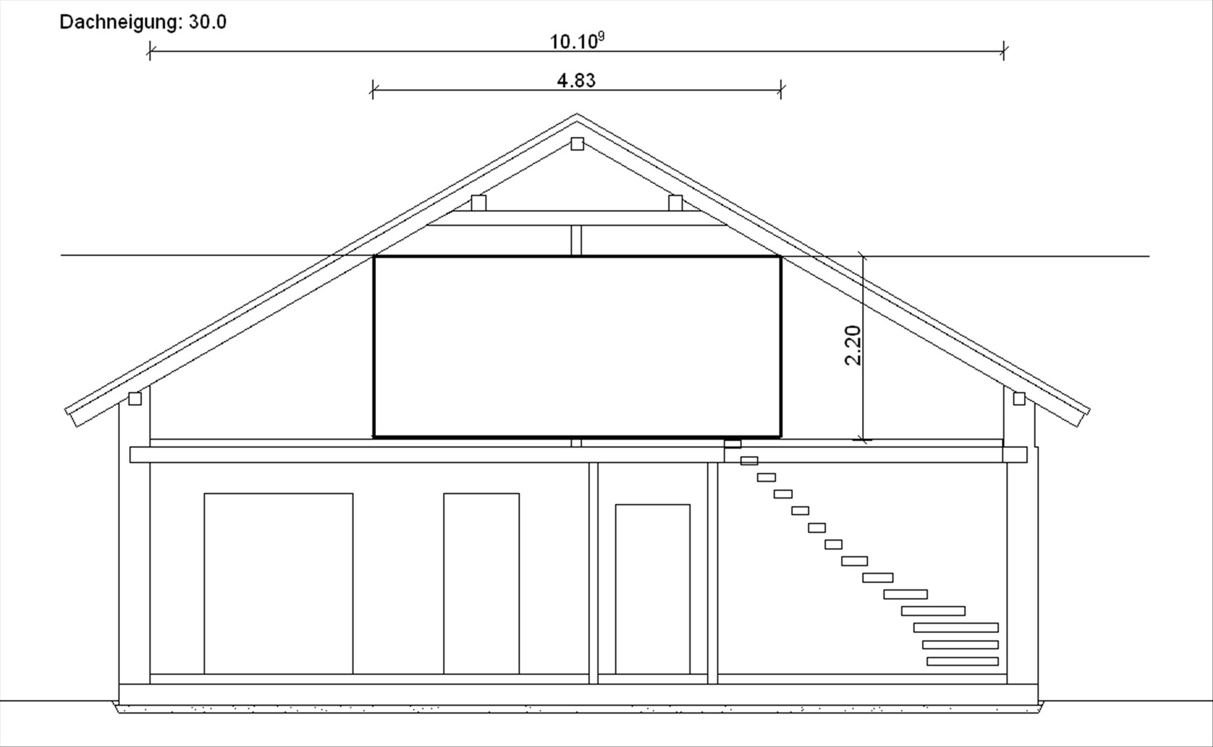 Schnitt durch ein Haus mit geneigtem Dach, Dachkonstruktion und Treppenbereich sichtbar