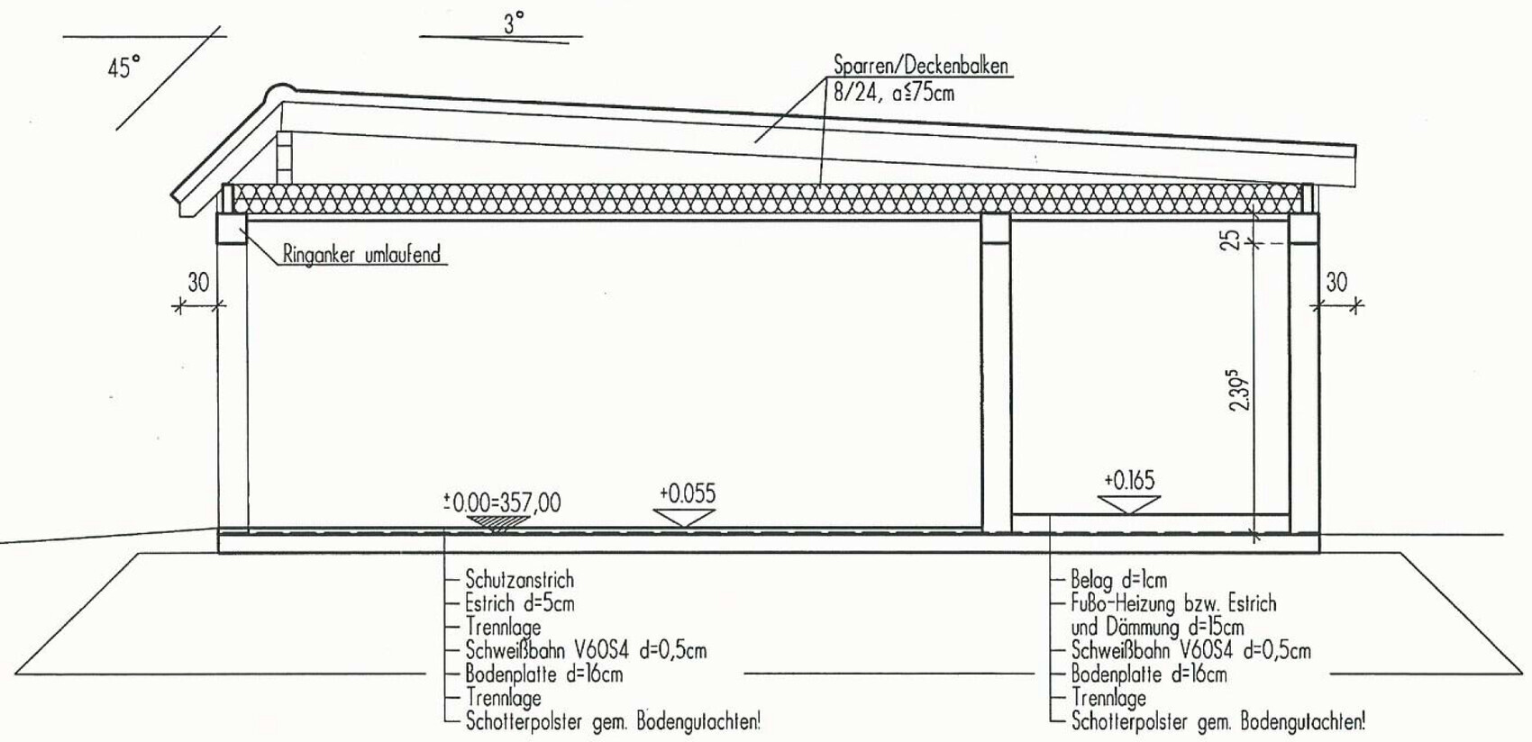 Technische Zeichnung einer Dachkonstruktion mit Dämmung, Sparren und Deckenbalken