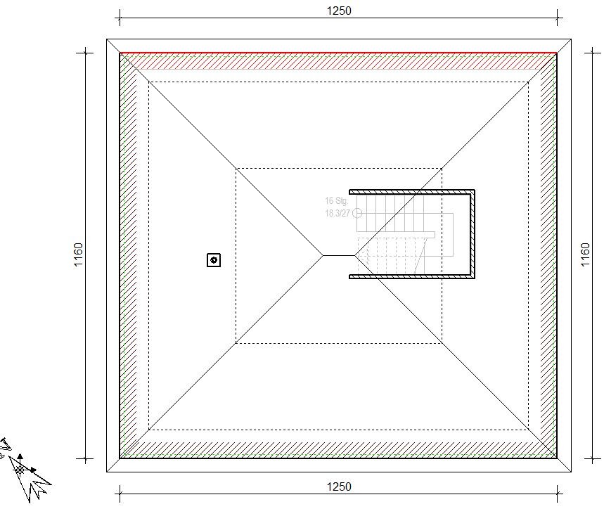 Quadratischer Dachplan eines Hauses mit diagonalen Linien und zentralem Treppenkern
