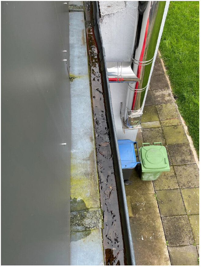 Verchromtes Abflussrohr und Regenrinne an weißer Wand; blaue Tonne und grüne Kiste daneben.