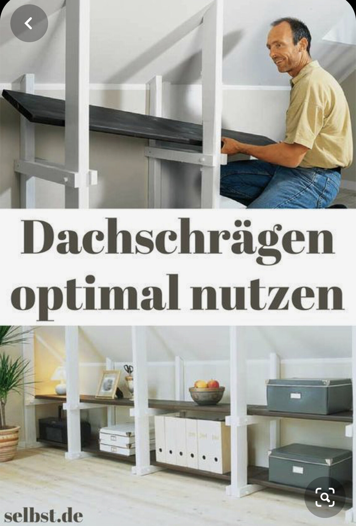 Mann montiert ein weißes Regalgestell an einer Dachschräge, um Stauraum zu schaffen.