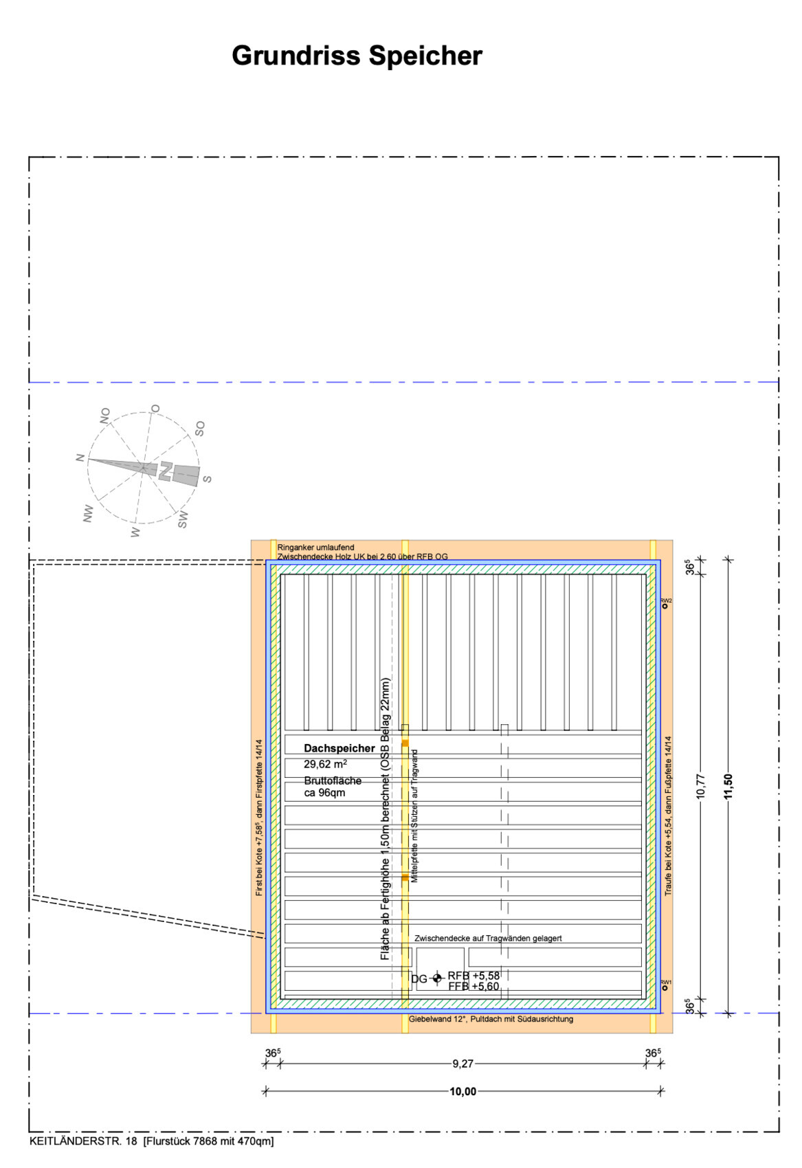 Grundriss eines Dachspeichers mit Maßen und Kompassdarstellung.