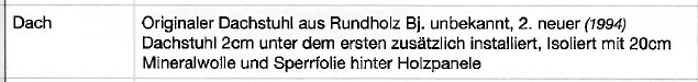 Alter Rundholz-Dachstuhl gegenüber neuem 1994 Dachstuhl, isoliert mit 20 cm Mineralwolle.