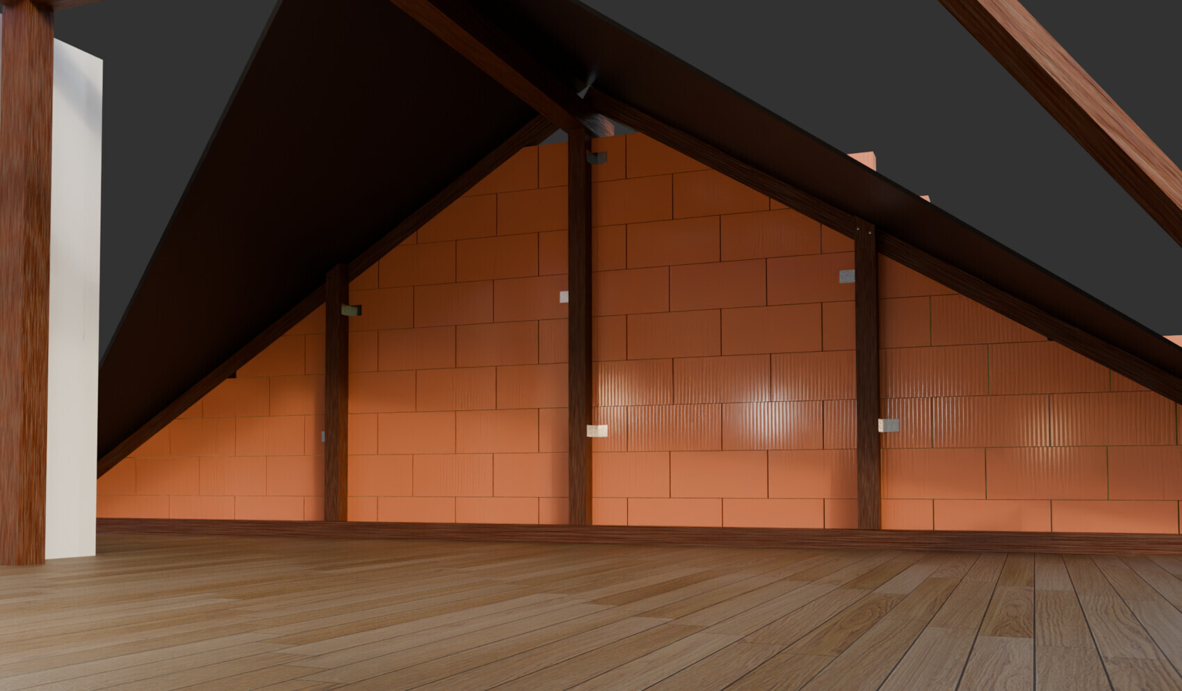 Dachstuhl im Innenraum mit Holzbalken, roter Ziegelwand und Holzboden.