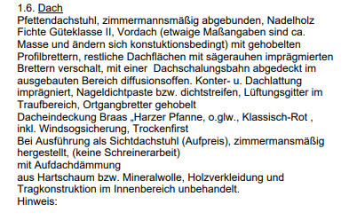 Technischer Text zu Dachstuhl und Dachkonstruktion aus Fichte