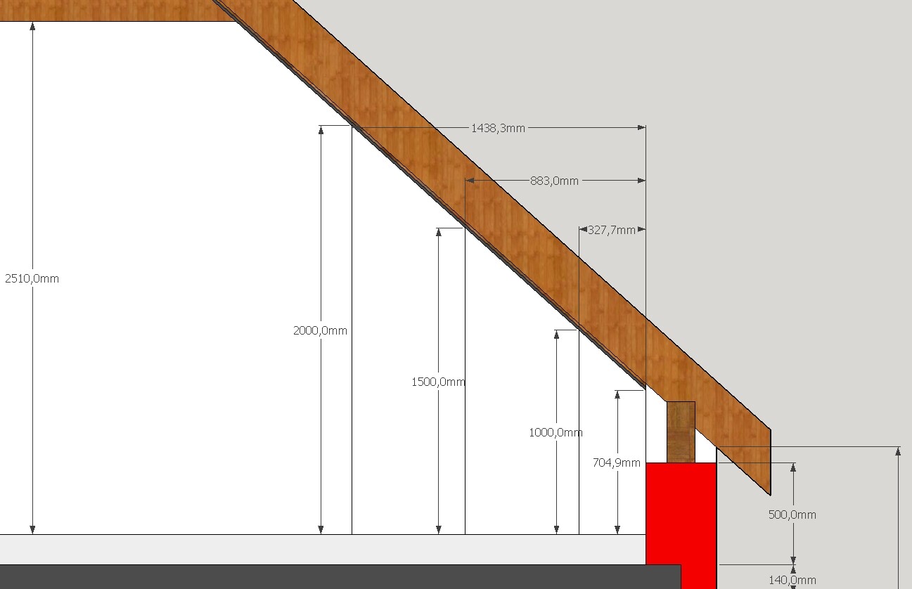 Technische Zeichnung eines diagonalen Dachbalkens mit Maßangaben in mm und rotem Fundamentblock