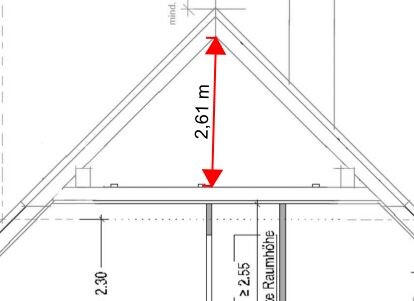 Schnitt durch Giebel-Dachstuhl mit Maßangaben in einer Bauzeichnung