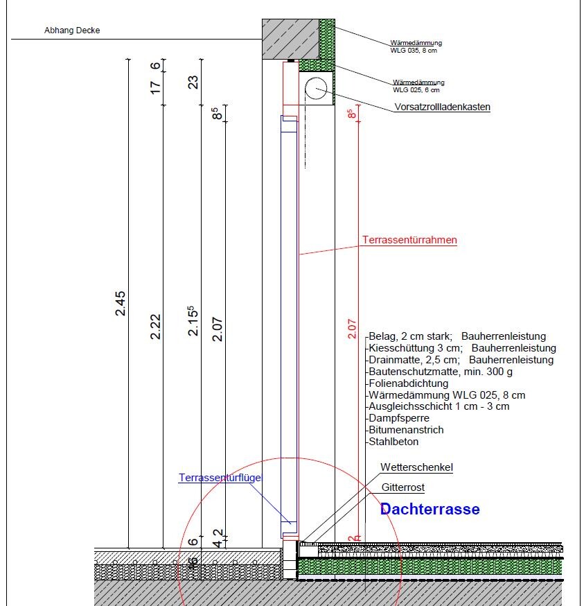 Schnitt durch Dachterrassenkonstruktion mit Dämmung, Terrassenrahmen und Belag