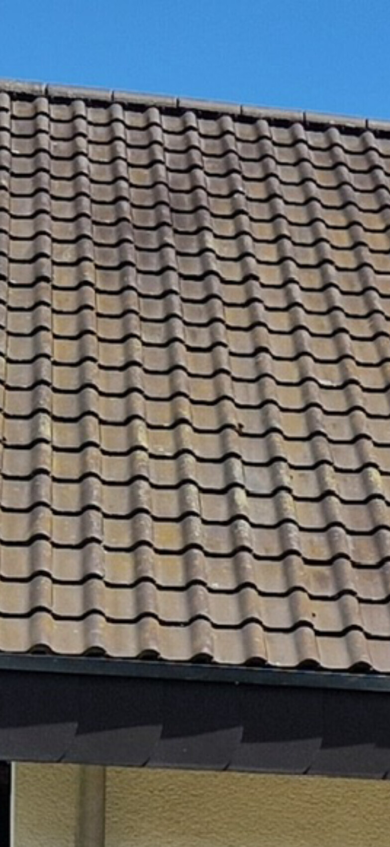 Nahaufnahme eines grauen, wellenförmigen Dachziegels vor blauem Himmel