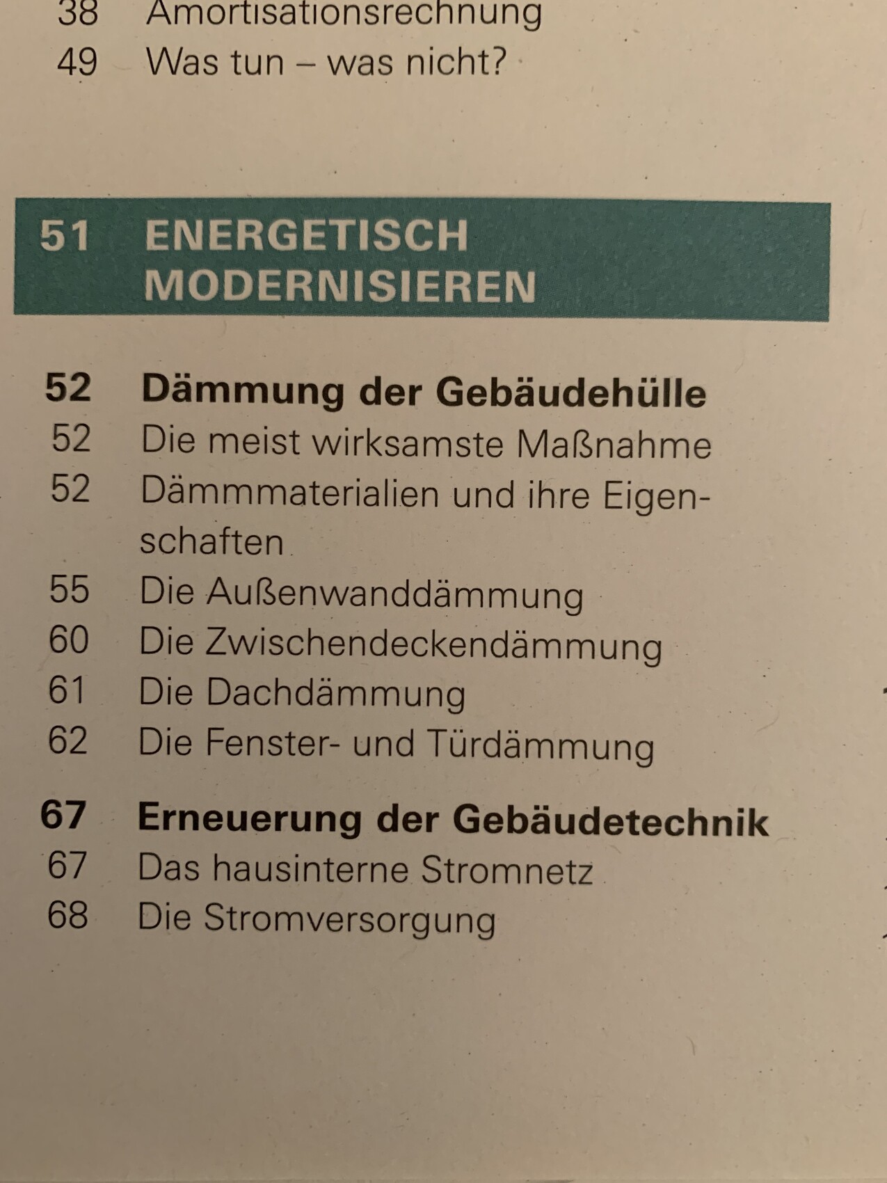Buchseite mit Kapitelübersicht: 51 Energetisch Modernisieren; 52 Dämmung der Gebäudehülle.