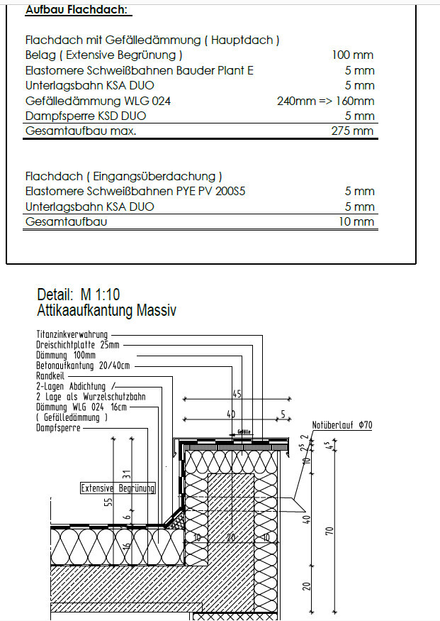 Technische Zeichnung eines Flachdachaufbaus mit Dämmung und Dampfsperre.