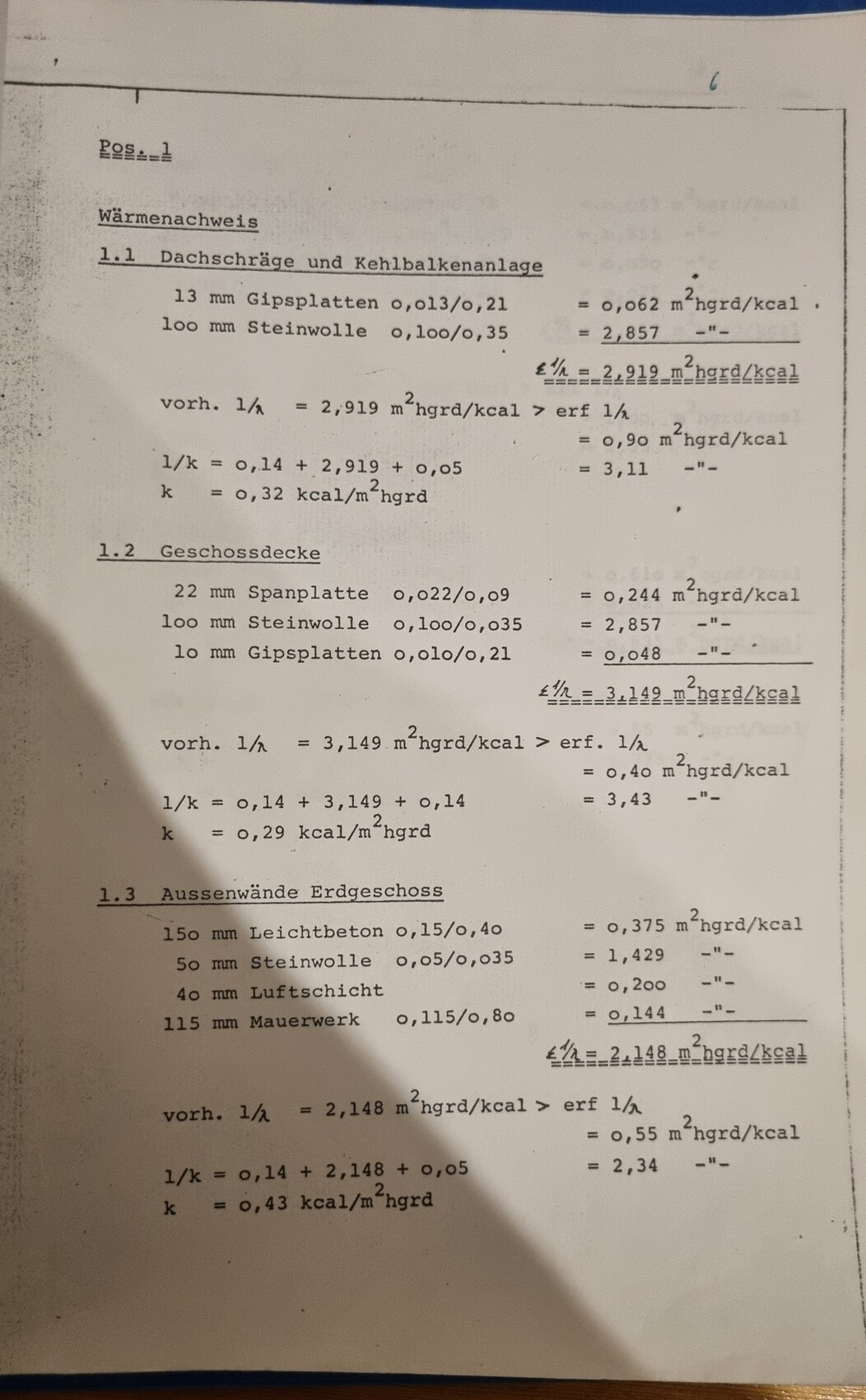 Wärmenachweis-Seite mit Dachschräge, Geschossdecke und Dämmstoffen