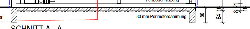 Querschnitt durch Boden mit 80 mm Perimeterdämmung um die Gebäudehülle
