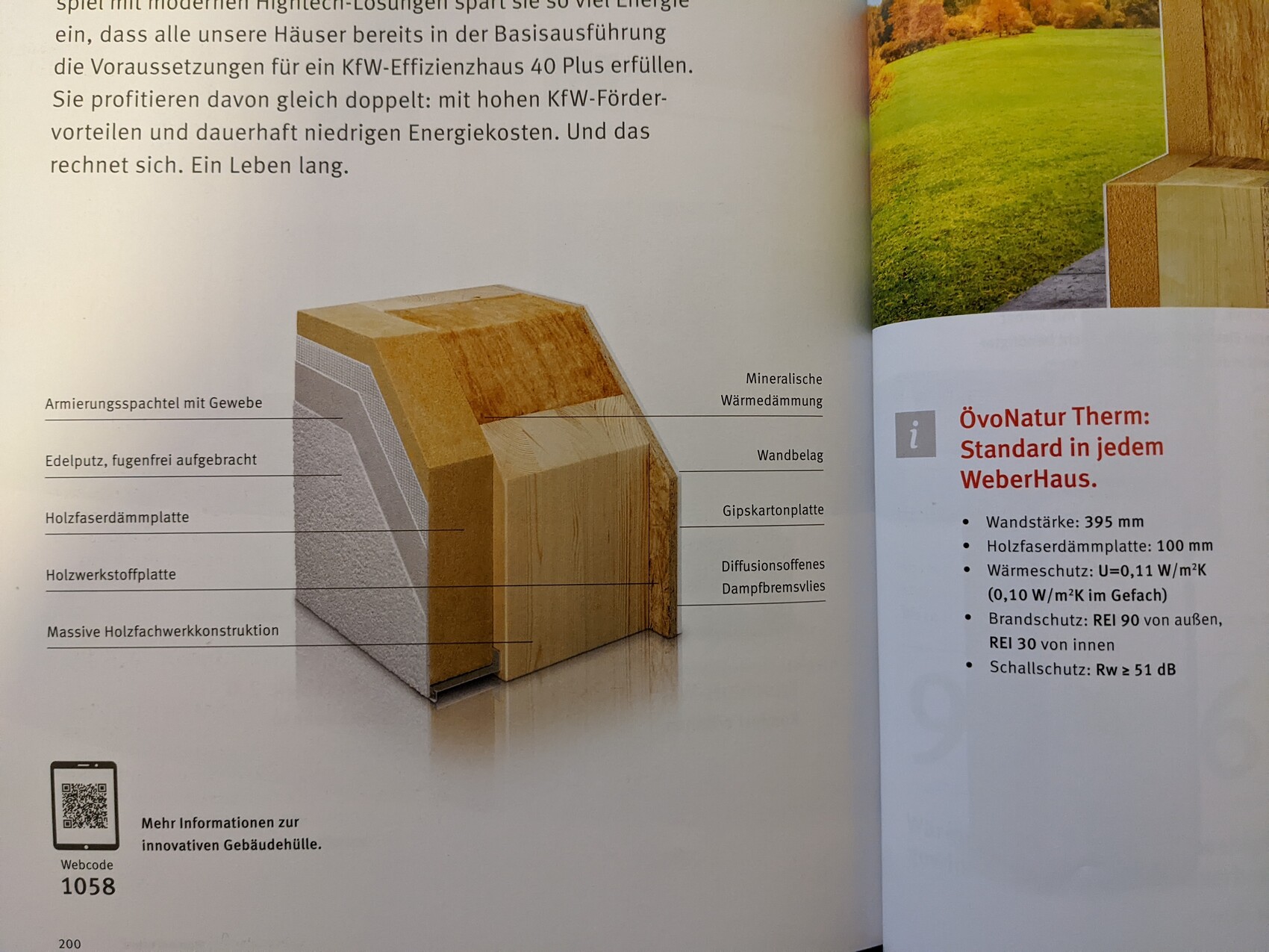 Querschnitt einer Gebäudewand mit Dämmungsschichten, Holzfaserplatte, Putz, Gipskarton.
