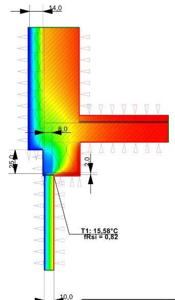 Technische Wärmebrücke in Wandverbindung mit Farbskala Blau-Rot und Temperaturangabe.