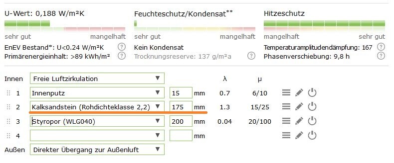 Berechnung der Gebaeudehuelle mit Innenputz, Kalksandstein, Styropor Daemmung, U-Wert 0,188 W/m2K