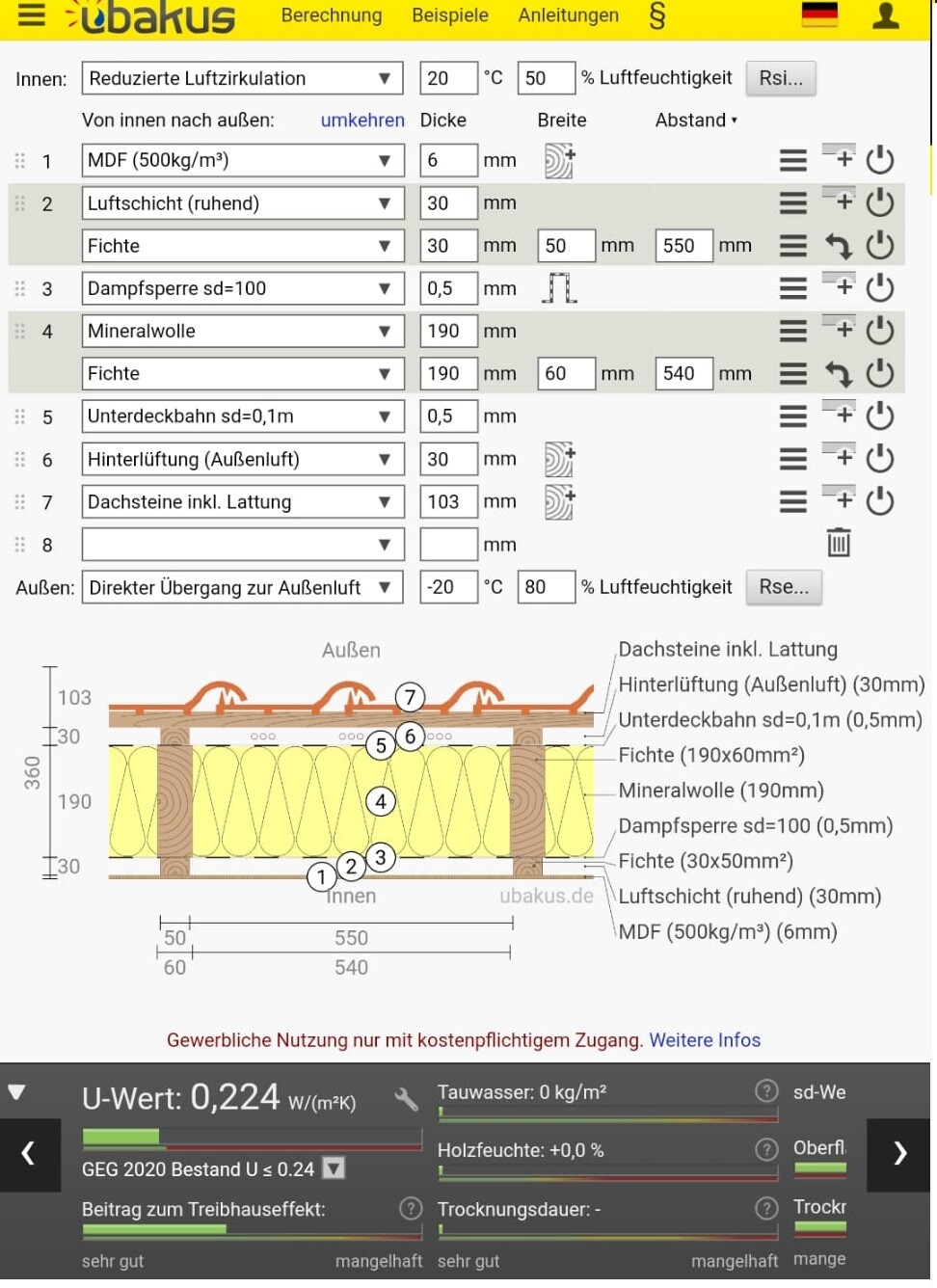 Querschnitt eines Wandaufbaus mit Dämmung, Dampfsperre und Dachlatten - Ubakus